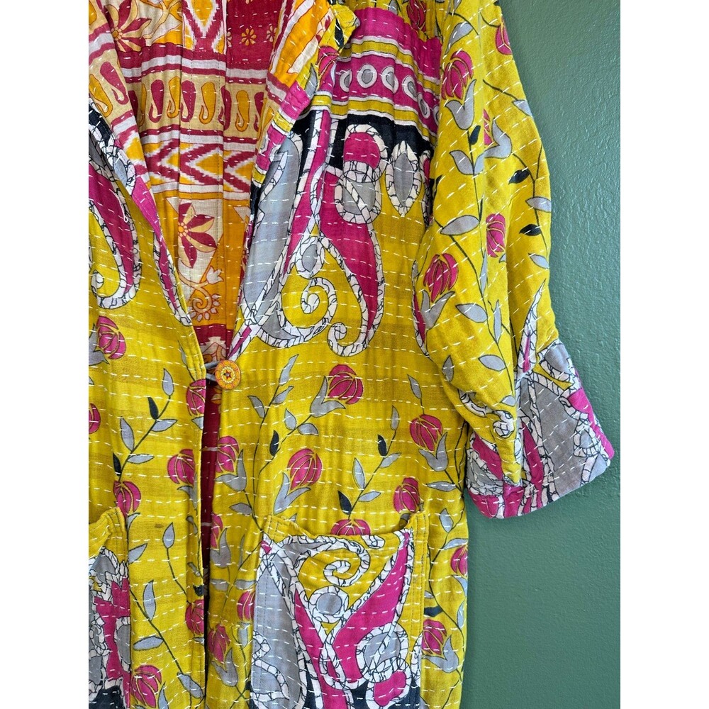 Women's Handmade Kantha Jacket Cotton Sari Robe Coat S/M Indian Boho Hippy OOAK - Picture 3 of 10